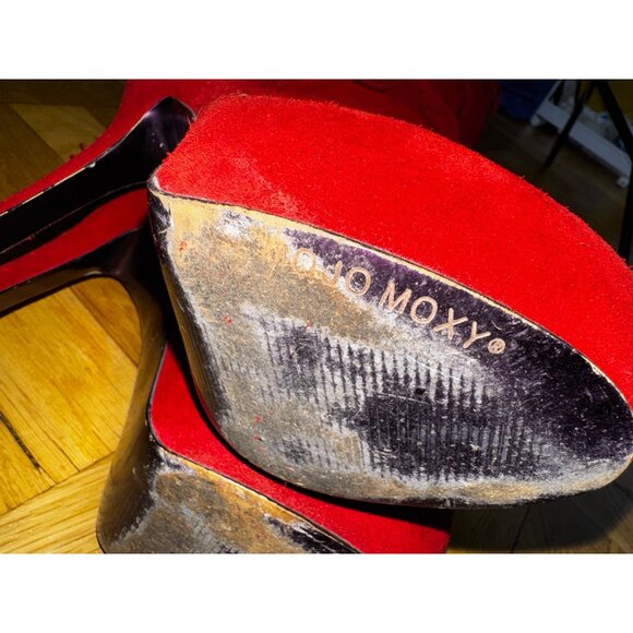 Red Suede Fringe High Heel Boots 10M Platform Stiletto Knee High Western Boho - Picture 5 of 8